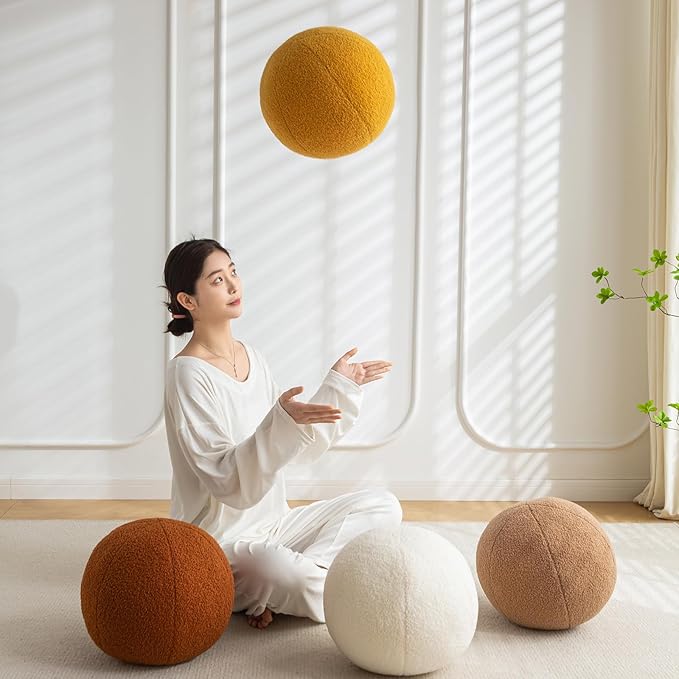 11.8 inch Ball Pillow Round Decorative Pillow Yellow Sphere Shaped Throw Pillows Soft Nordic Style Boucle Pillows Cushion for Bed Couch Living Sofa Room Decor