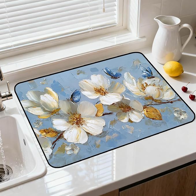 Glass Stove Top Covers for Electric Stove, Heat Resistant Counter Protector Mat, Non Slip Waterproof Surface Cover for Kitchen Counter and Cooktop (Blue Floral Butterflies, 28"L x 20"W)