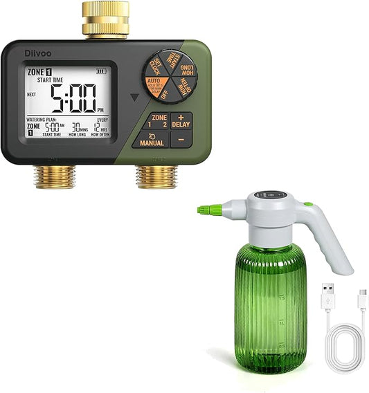 Diivoo Brass Sprinkler Timer 2 Zone & Diivoo Electric Spray Bottle 2L/0.5 Gallon Bundle