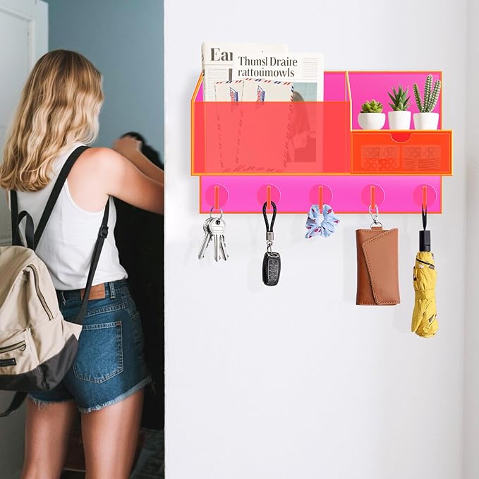 Acrylic Key Holder Wall Mount Mail Organizer for Wall with Shelf Storage Drawer and 5 Hooks, Neon Pink