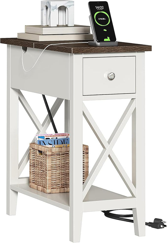 ChooChoo Farmhouse End Table with Charging Station, Accent Small Side Table Nightstand for Living Room, Bedroom, and Small Spaces, Soft White