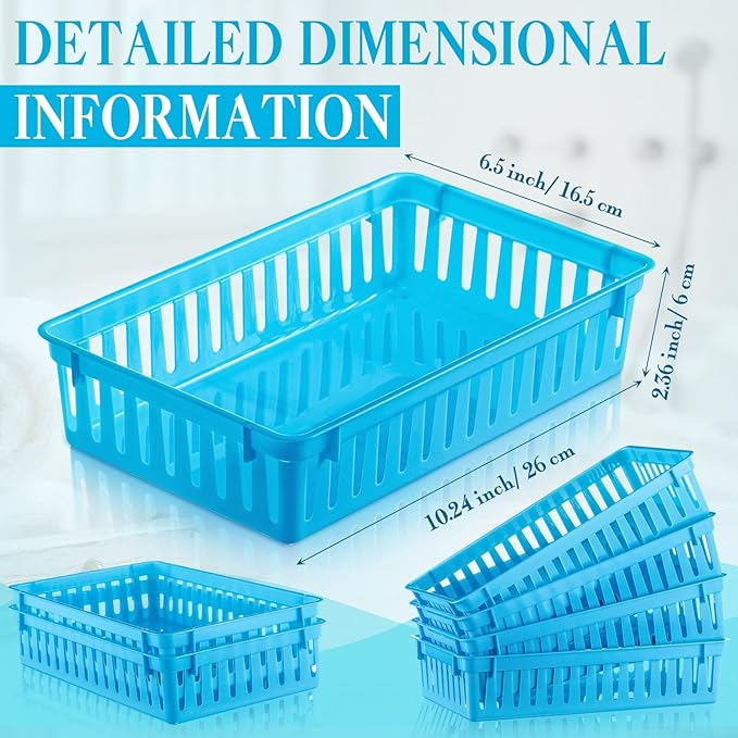 Wenqik Set of 12 Small Plastic Baskets for Organizing 10.24 x 6.5 x 2.36 Inch Pharmacy Baskets Rectangular Trays Plastic Organizer for Office Pharmacy Dorm Kitchens, Closets Shelves(Blue)