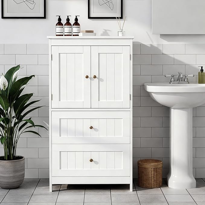 Karl home White Floor Storage Cabinet, Freestanding Storage Unit with 2 Drawers & 2 Doors, Thin Toilet Organizer for Small Spaces，for Entryway, Bathroom