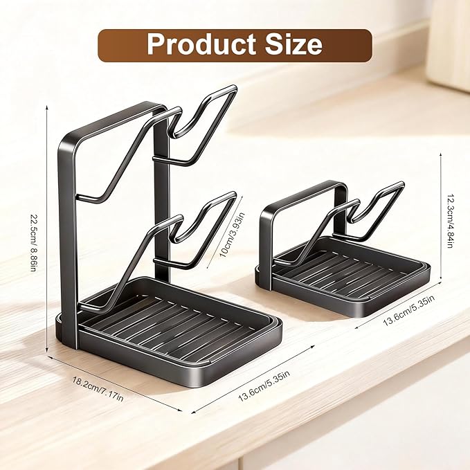 Pot Lid Holder,304 Stainless Steel Pot Lid Holder While Cooking,Kitchen Pot Lid Storage Rack, Removable Drip Tray, Multifunctional Kitchen Organizer Stand for Countertop (Gray, Double-layer)