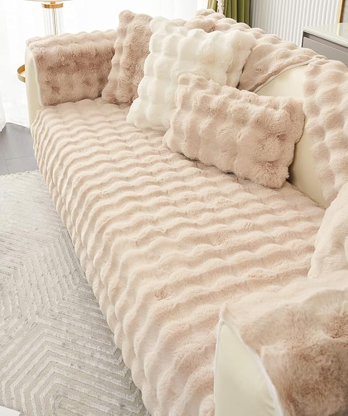 Soft Warm Faux Fur Couch Sofa Cover Thick Shaggy Fuzzy Sectional Couch Cover Non-Slip Solid Color Plush Sofa Slipcover Furniture Protector for Kids, Pets (Light Brown,28"x70")