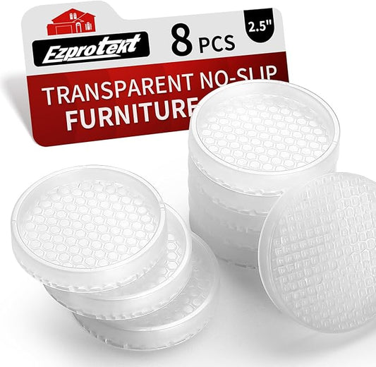 Ezprotekt Non Slip Furniture Pads, 8 Pcs 2.5" Anti Skid Rubber Caster Cups, Round Furniture Coasters for Hardwoods Floors, Anti-Slip Grippers, Furniture Stoppers to Prevent Sliding (Clear)