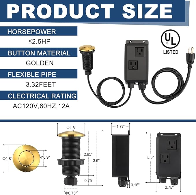 Garbage Disposal Air Switch Kit Wireless Sink Top Garbage Disposal Button Stainless Steel/On/Off Waterproof Button Kit with Long Switch Matte UL Listed(Dual Outlet,Gold,Long Size)