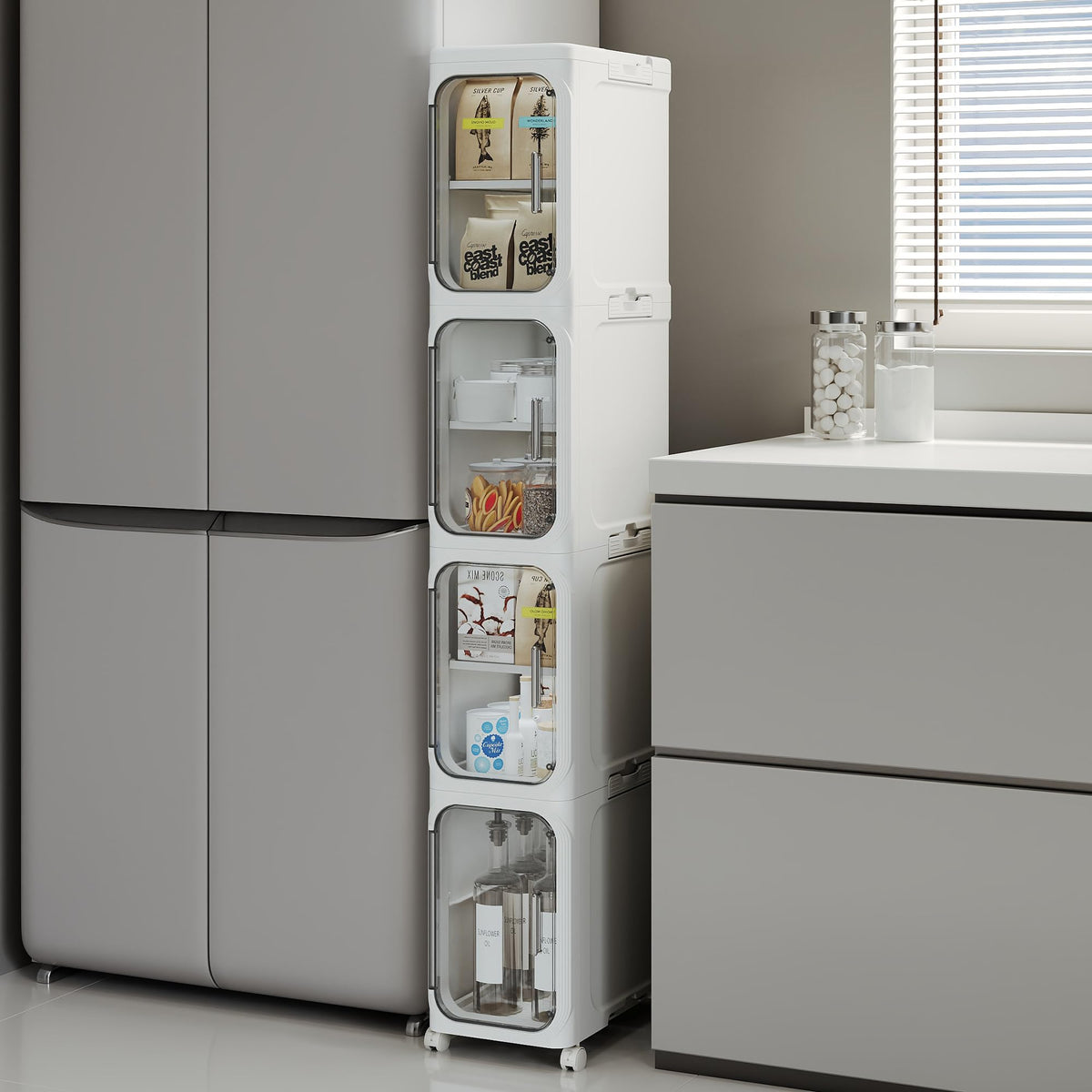 Narrow Slim Bathroom Storage Cabinet with Wheels, 4-Tier White - Image 1