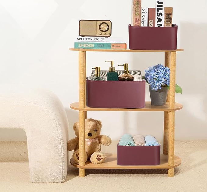 HofferRuffer Faux Leather Storage Baskets Bins with Velvet Lining for Organizing, Storage, Gifts, Set of 3 Nesting Shelf Baskets Decorative Storage Boxes for Home Organization (Dark Red)