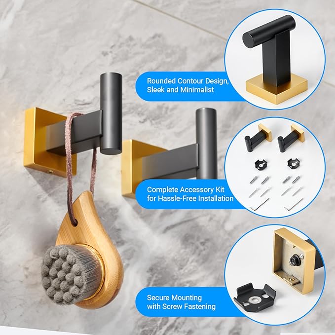 Miyili 5-Piece SUS304 Stainless Steel Bathroom Hardware Kit - Incould 30" Double Towel Bar, 5" Toilet Paper Holder, Towel Ring, 2 x Robe Hooks, Bathroom Accessories Set Wall Mount, Matte Black & Gold
