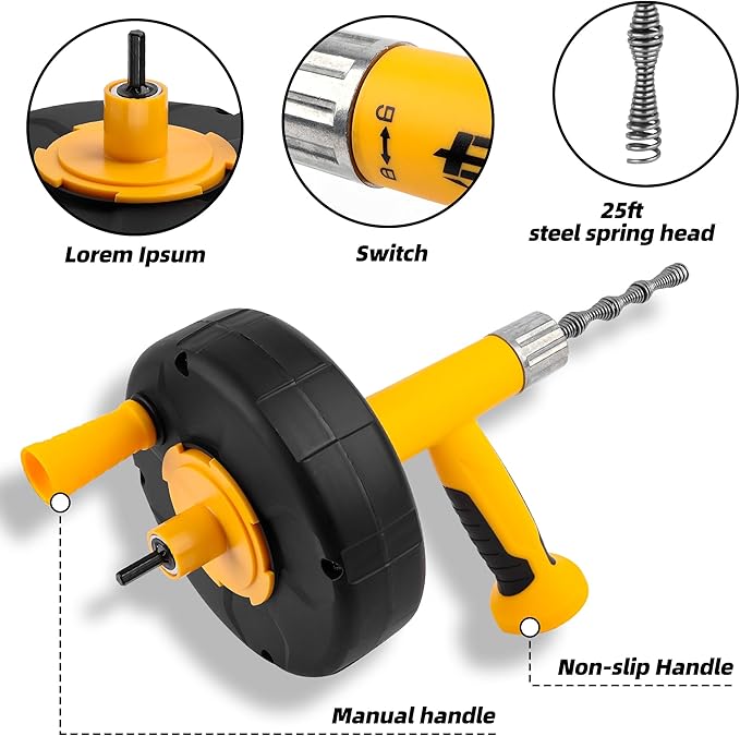 Drain Auger, Drain Snake with Drill Adapter, 25ft Plumbing Auger Heavy Duty Flexible Sink Steel Plumbing Auger Bathroom Hair Clog Removal Tool