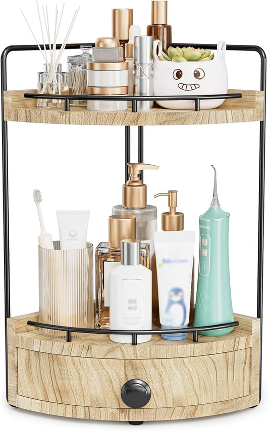 2-Tier Corner Bathroom Counter Organizer with Drawer & Embedded Screw Holes - Wooden Countertop Organizers for Skincare, Makeup Storage, Bathroom Sink Counter Shelf for Vanity, Kitchen, Wood color