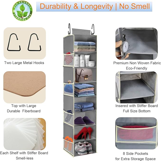 Large-Sized Hanging Shoe Organizer 8-Shelf, Hanging Closet Organizer with 8 Side Pockets, Wider Hanging Shelves for Storage Shoes Clothes 9" W × 11.8" D× 48" H, Grey