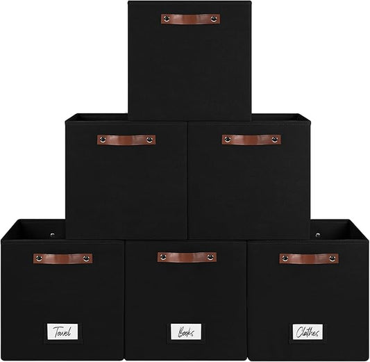 6-Pack Storage Cubes with Handles & Label Holders Basket, Closet Cube Home Organizer Bins(Black, 13 x 13 x 13 inch)