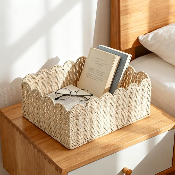Scalloped Basket, Wicker Storage Baskets, Hand Woven Baskets for Shelves,Natural Baskets for Organizing (M-14" L x 10.5" W x 6" H-Rattan)