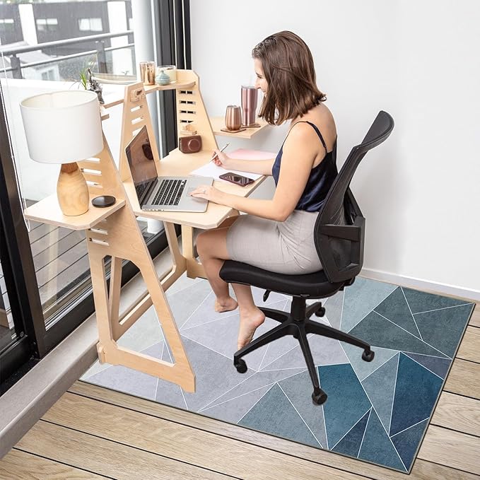 Office Chair Mat for Hardwood Floor,55"*35" Under Desk Mat, Computer Chair Rug,Anti-Slip Floor Protector for Low-Pile Carpet Home Office Blue Grey