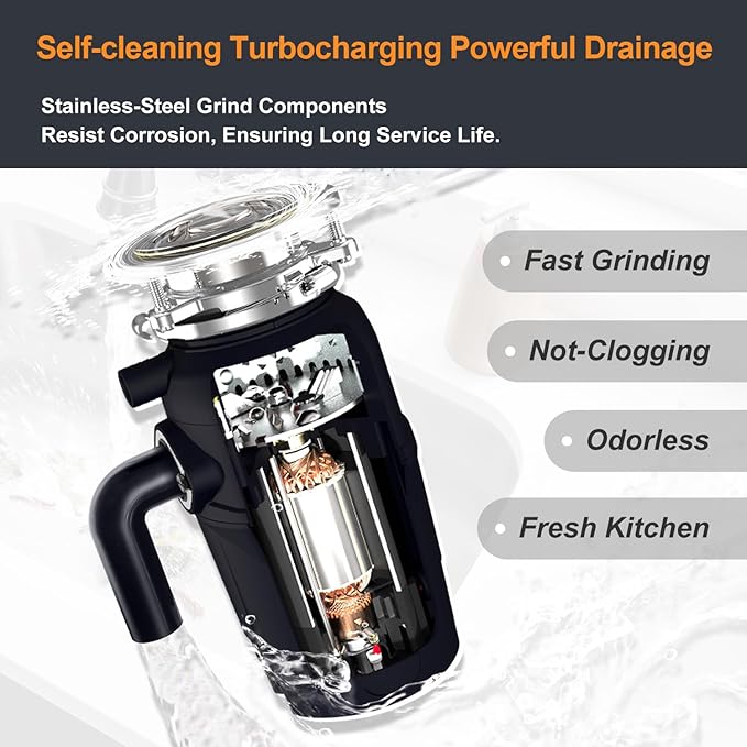 Garbage Disposal 3/4 HP for Kitchen sink Quiet with Power Cord, Easy install, Food Waste Disposer Stainless Steel Grind 0.75 Horsepower (A600)