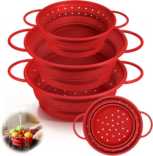 3 Pack Collapsible Colander with Strainer Bowl Set, 11 & 13 In BPA-Free Silicone Colanders for Kitchen, Heat-Resistant Space-Saving Strainer Dishwasher Safe Baskets for Vegetable Fruits(Red)