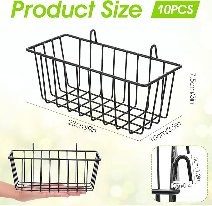10 PCS Hanging Wire Baskets for Organizing - Hanging Metal Basket Storage with Wall Grid Panel, Rust-Resistant Iron for Kitchen Bathroom Home Decor (Black, 9x3.9x3 Inches)