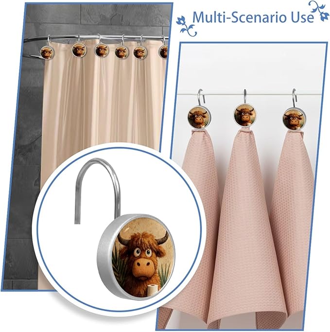 12 Packs Retro Cute Highland Cow Shower Curtain Hooks, Stainless Steel Glass Shower Curtain Rings for Bathroom Decor, Metal Rustproof Curtain Rod Hooks
