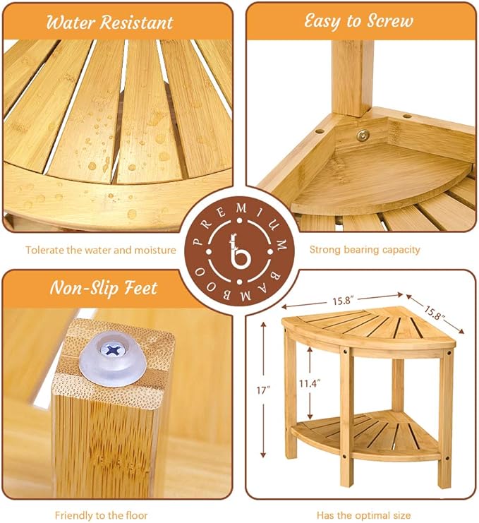 Bamboo Corner Shower Bench Waterproof Stool with Space-Efficient Storage Shelf - Shower Stool Seat for Indoor or Outdoor Use