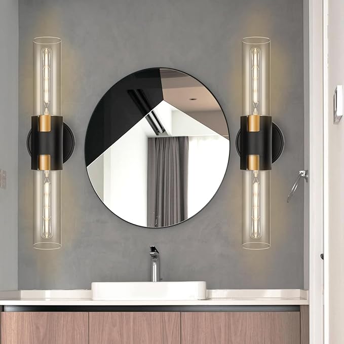 2-Light Bathroom Vanity Light Fixtures, 17.5" Indoor Wall Sconce with Clear Glass, Modern Cylinder Wall Lights for Bathroom, Bedroom, Hallway, Stairways, Living Room (Matt Black)