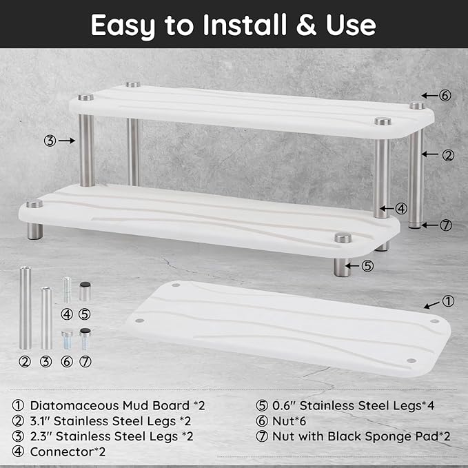 Segbeauty 2 Tier Fast Dry Diatomaceous Vanity Tray, 11x4.3in Water Absorbing Stone Drying Tray, Quick Drying Bathroom Counter Dish Soap Dispenser Rack, Kitchen Counter Sink Organizer Sponge Holder