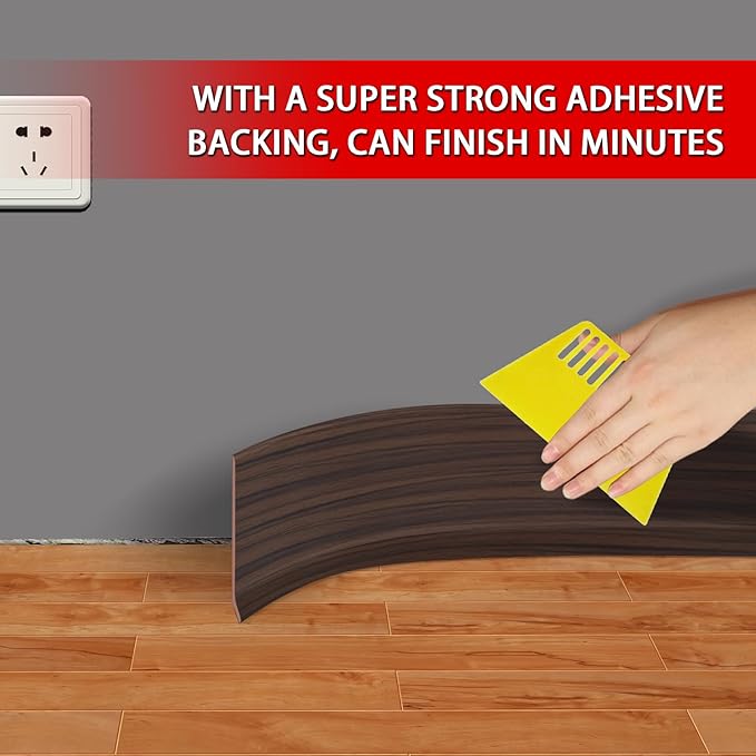 Vinyl Wall Base Baseboard Molding Trim 4" Flexible Self Adhesive Rubber Wall Base Moulding Trim Peel and Stick Design, 4 Inch x 40 Feet, Brown Wood Grain