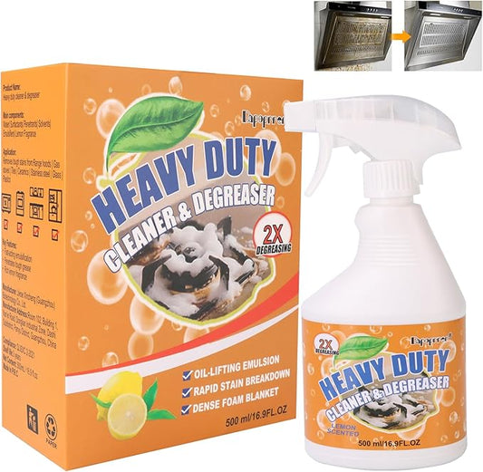 500ml Powerful Kitchen Degreaser Foam Spray – Heavy Duty Cleaning Spray - For Stubborn Splatters, Stove Top, Grill, Drip Pans, & Oven - On All Surfaces ，Lemon Fresh Scent