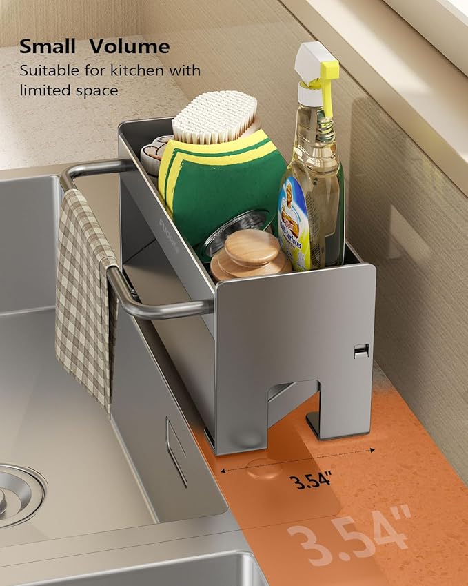Kitchen Sink Organizer Sponge Holder:Sink Caddy with Dishrag Holder,Rustproof Carbon Steel with Auto-Drain,Dish Sponge & Soap Dispenser Towel Rack for Kitchen Countertop Storage, Grey