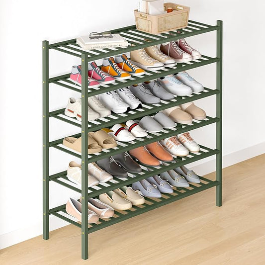 Smiry Bamboo Shoe Rack for Closet, 6 Tier Long Wooden Stackable Shoe Organizer, Free Standing Shoes Storage Shelf for Entryway, Front Door Entrance, Green