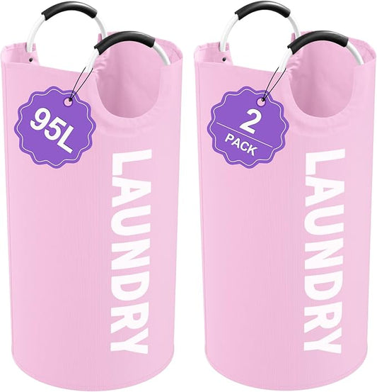2Pcs Foldable Pink Laundry Basket for Family, 95L Portable Laundry Baskets with Aluminum Handles, Multi-functional Dirty Clothes Hampers for Dorm, Travel, Pink