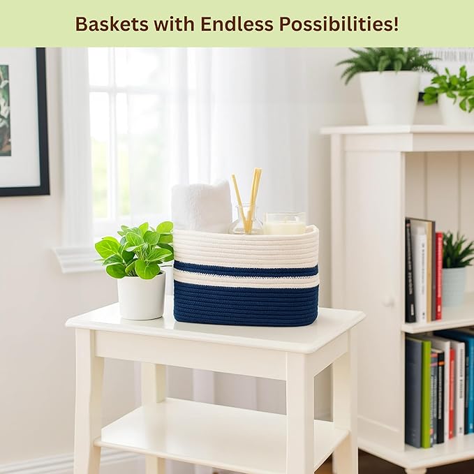 Cotton Rope Baskets for Organizing and Storage, Woven Decorative Baskets for Shelves, Books, Closets. Storage Bins for Living Room, Bedroom (Blue, 1 - Pack | Medium)