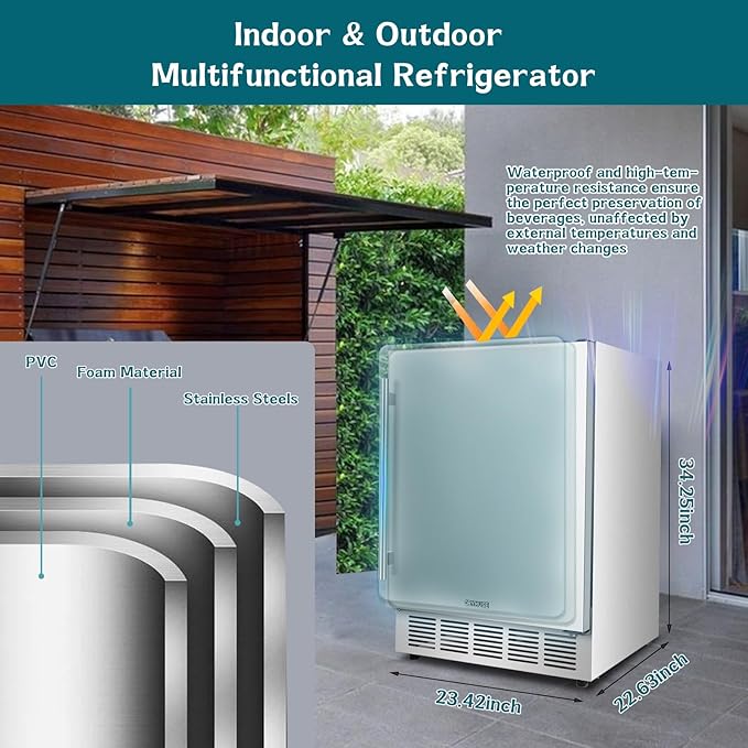24" Outdoor Beverage Cooler Fridge - Undercounter Refrigerator, Stainless Steel Seamless Door - Holds 180 Cans, Powerful Cooling Compressor - Patio Kitchen, Commercial Use