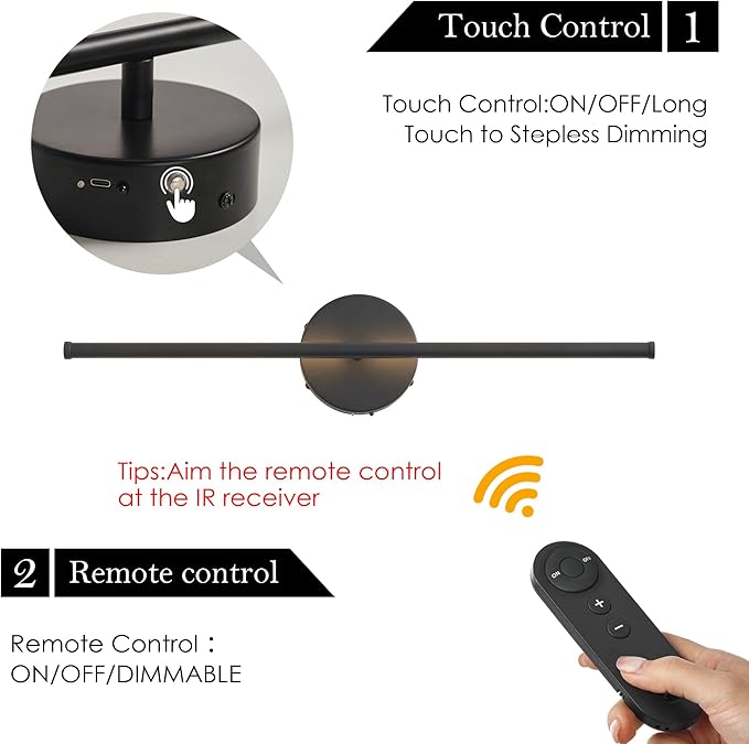 Battery Operated Wall Sconces, Dimmable Wall Sconces Set of Two, 350°Rotate, 3000K LED Black Wireless Wall Light for Living Room, Bedroom,Hallway, 20.4 Inch (2 Pack)