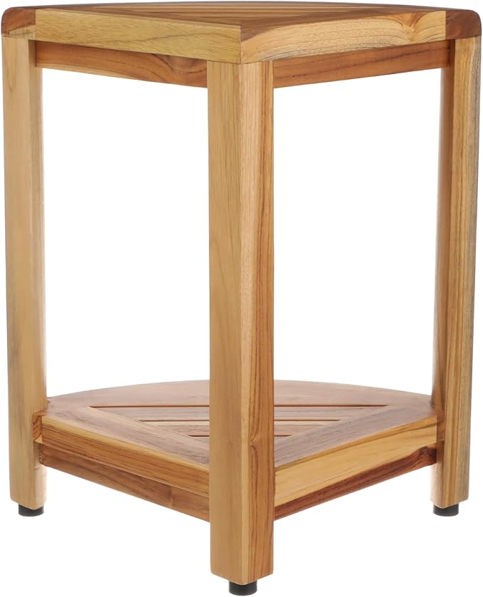 EcoDecors Fully Assembled SnazzyCorner® 18" Teak Shower Bench, Corner Shower Stool, w Shelf in Earthy Teak Finish, Compact Fit for Small Bathrooms & Walk-in Showers – Slip-Resistant Feet, Sauna Bench