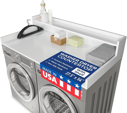 OfficeSimpli Washer Dryer Countertop with Shelf - 27.5 x 54 Inch - Made in USA Laundry Countertop Over Washer and Dryer with Non-Slip Pads, Storage Shelf, Laundry Topper Organizer, Gracier White