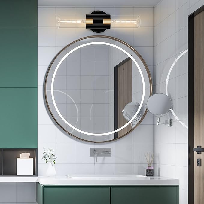 2-Light Bathroom Vanity Light Fixtures, 17.5" Indoor Wall Sconce with Clear Glass, Modern Cylinder Wall Lights for Bathroom, Bedroom, Hallway, Stairways, Living Room (Matt Black)