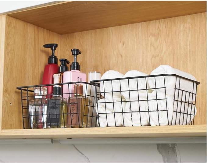 Wire Kitchen Storage Basket 4 Packs,Perfect Pantry Organization Accessories Basket,Laundry Basket,Countertop Organization, Suitable for Kitchen,Bathroom,Bedroom,Tabletop,Stackable,Bronze