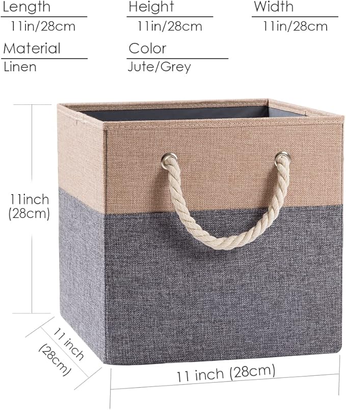 PRANDOM Large Foldable Cube Storage Bins 11x11 inch [4-Pack] Fabric Linen Storage Baskets Cubes Drawer with Cotton Handles Organizer for Shelves Nursery Closet Bedroom Khaki