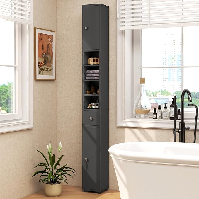 Giantex Slim Bathroom Storage Cabinet - 71” Tall Narrow Floor Cabinet Cupboard with 2 Doors, 5 Adjustable Shelves, 1 Drawer, Anti-Tipping Device, Thin Linen Tower Cabinet for Living Room (1, Grey)