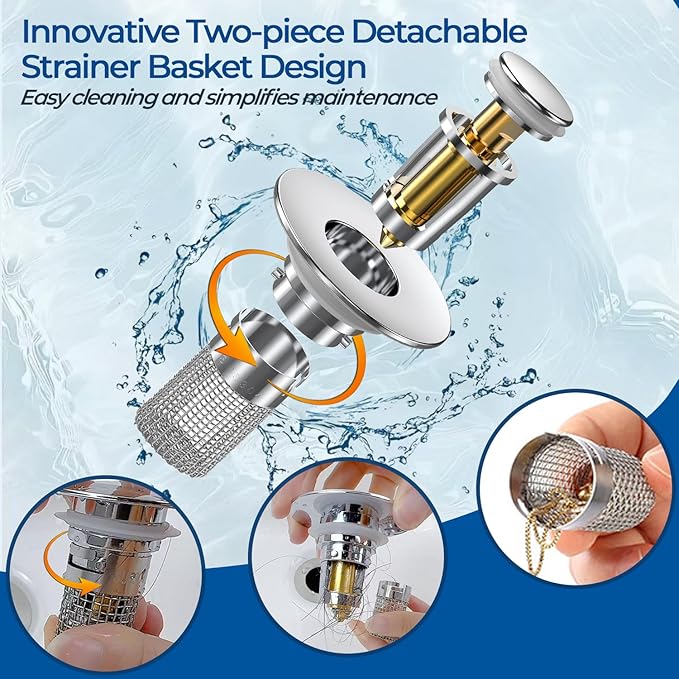 Sink Stopper Hair Catcher, Pop-up Sink Drain Strainer with Removable Stainless Steel Strainer Basket Hair Catcher, Bathroom Sink Strainer for Bathroom Sink Stopper Replacement (3PCS)