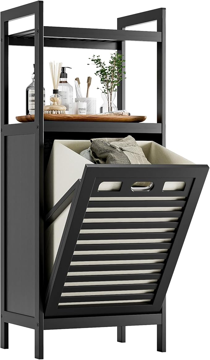 HITNET Tilt Out Laundry Hamper, Bamboo Bathroom Cabinet with Pull Out Removable Bag and 2 Tier Storage Shelves, 8.5 Gallon Clothes Basket with Metal Handle, Black