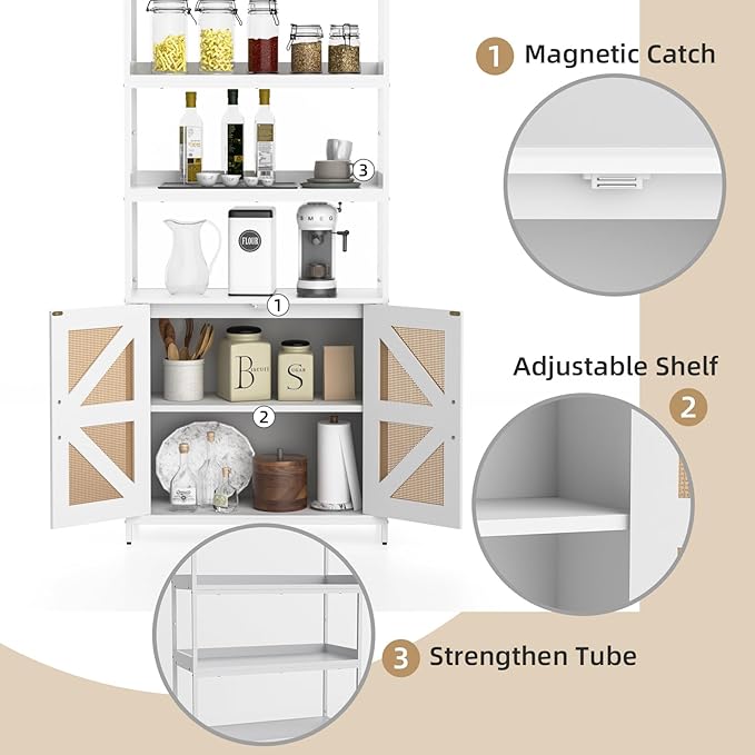 Kitchen Bakers Rack with Storage, 70.8'' Tall 5 Tier Farmhouse Pantry Cabinet with Rattan Doors, Industrial Kitchen Hutch with Large Microwave Storage Rack Freestanding Wine Cabinet Living Room, White