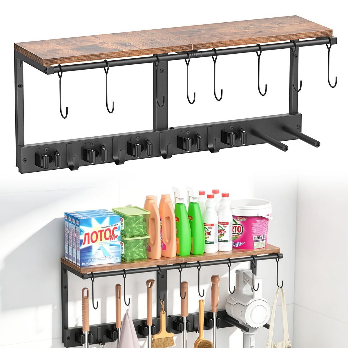3-in-1 Broom Holder Wall Mount with Shelf, Mop Organizer - Image 1