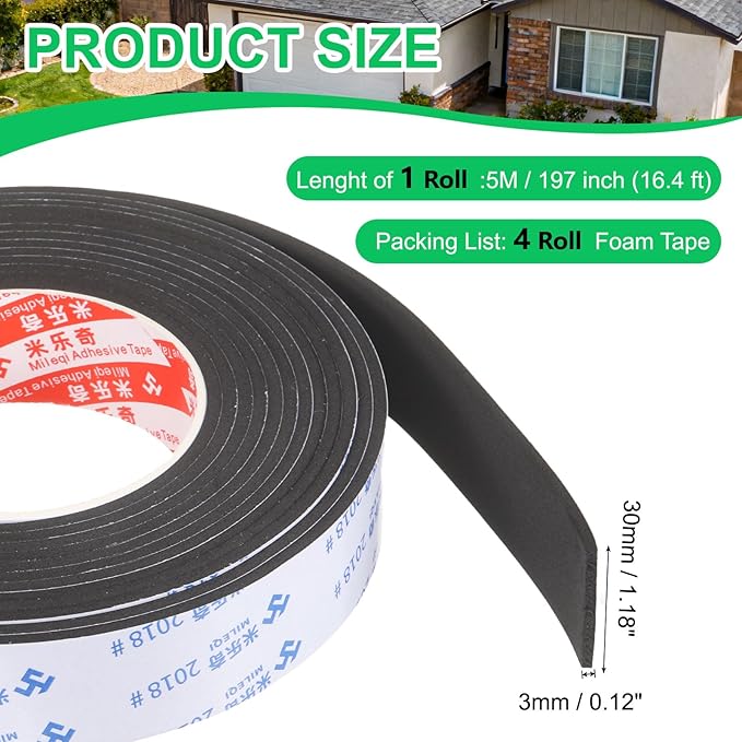 PATIKIL 4Roll Sponge Rubber Foam Tape, 1 3/16" W x 1/8" t x 16.4ft l Self-Adhesive Foam Insulation Tape Weather Stripping for Window Door Soundproofing Weatherstrip AC Seal Strip, Black