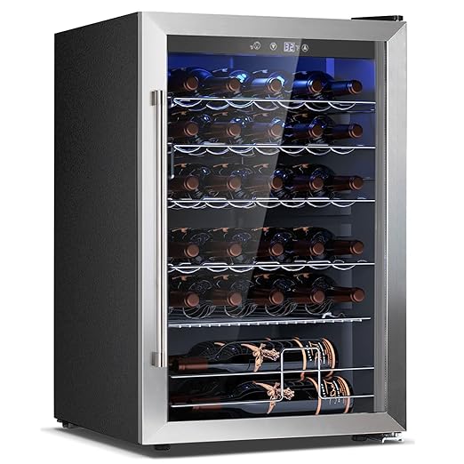 COWSAR 37 Bottle Wine Fridge, 4.45 Cu.Ft Freestanding Commercial Beverage Refrigerator with Reversible Double Pane Glass Door & Adjustable Wavy Wire Shelves, Wine Cooler for Kitchen Bar, Silver