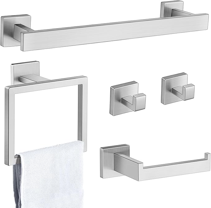 Herogo 5 Pieces Bathroom Accessories Set, Brushed Nickel 16 Inch Bathroom Hardware Bath Towel Bars Set for Wall Mounted, Including Stainless Steel Toilet Paper Holder, Hand Towel Racks, Hooks & Ring