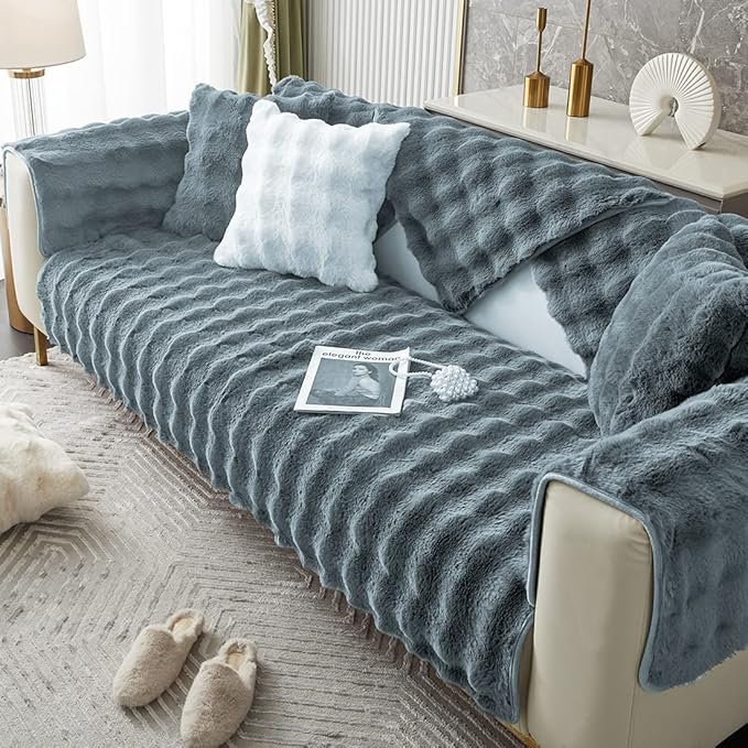 Soft Warm Faux Fur Couch Sofa Cover Thick Shaggy Fuzzy Sectional Couch Cover Non-Slip Solid Color Plush Sofa Slipcover Furniture Protector for Kids, Pets (Grey Black,28"x28")