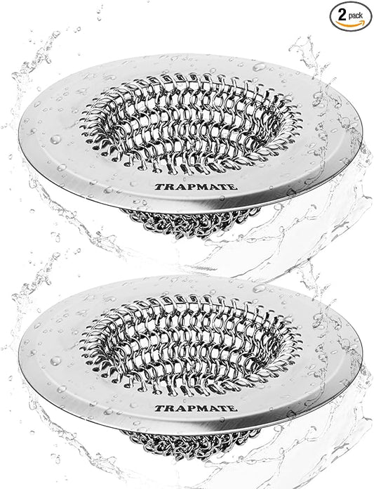 TRAPMATE 2 Pcs Kitchen Sink Drain Strainer, Stainless Steel Sink Strainer Basket with Easy Clean & Anti-Clog, Fits Garbage Disposal, Dishwasher Safe, Single & Double Bowl Sinks (Patented Product)